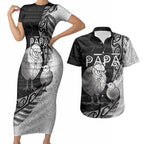 Personalised New Zealand Father's Day Couples Matching Short Sleeve Bodycon Dress and Hawaiian Shirt Papa Kiwi Bird Tribal Pattern