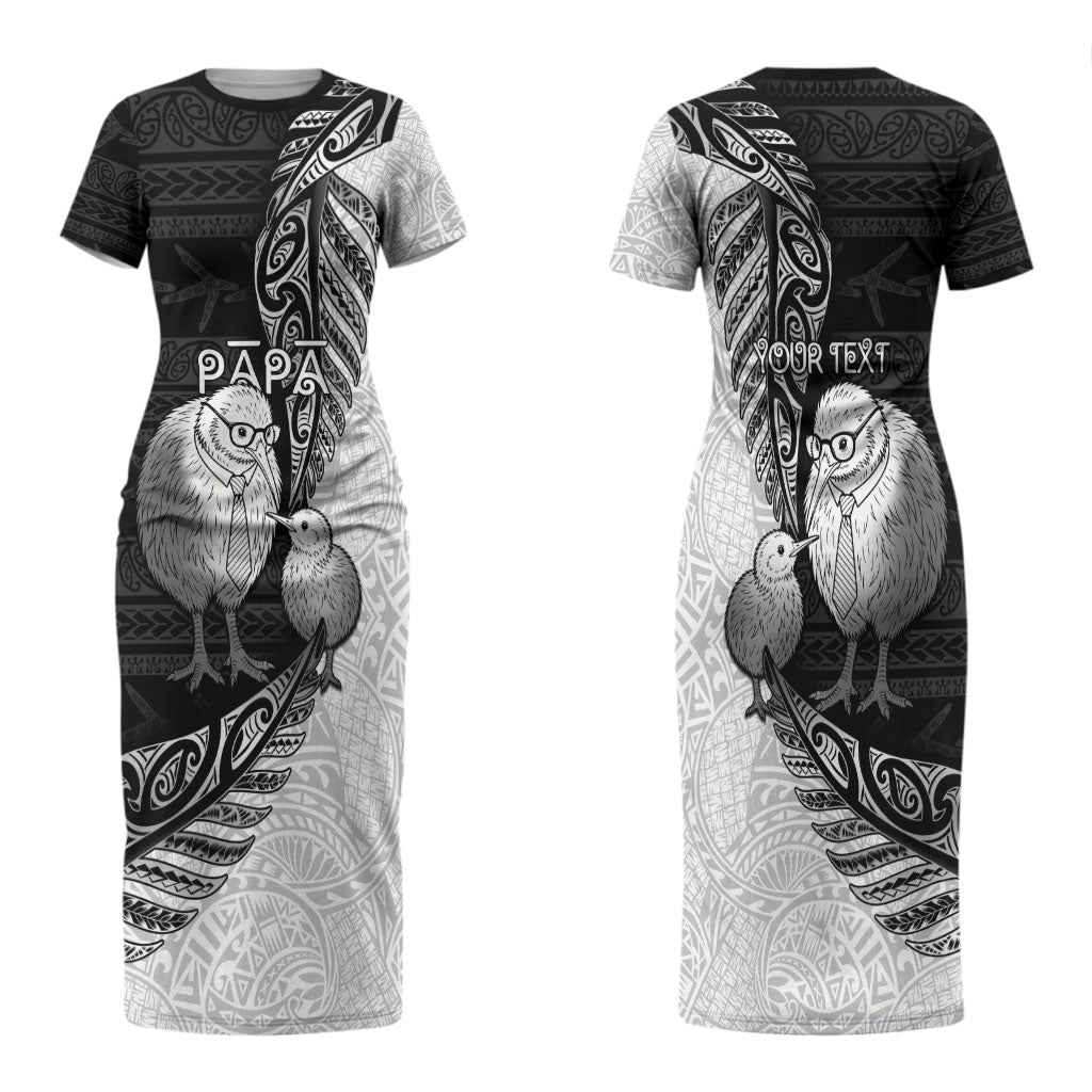 Personalised New Zealand Father's Day Couples Matching Short Sleeve Bodycon Dress and Hawaiian Shirt Papa Kiwi Bird Tribal Pattern