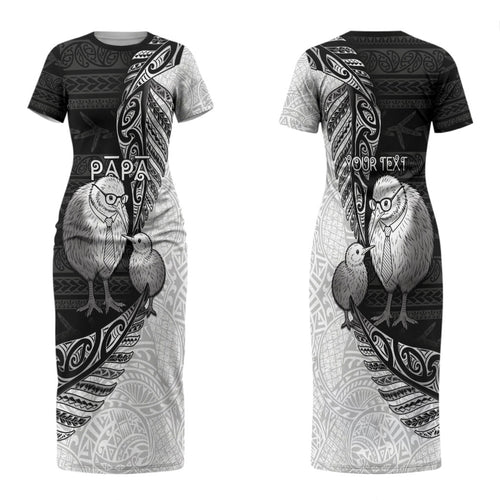 Personalised New Zealand Father's Day Couples Matching Short Sleeve Bodycon Dress and Hawaiian Shirt Papa Kiwi Bird Tribal Pattern
