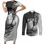 Personalised New Zealand Father's Day Couples Matching Short Sleeve Bodycon Dress and Long Sleeve Button Shirt Papa Kiwi Bird Tribal Pattern