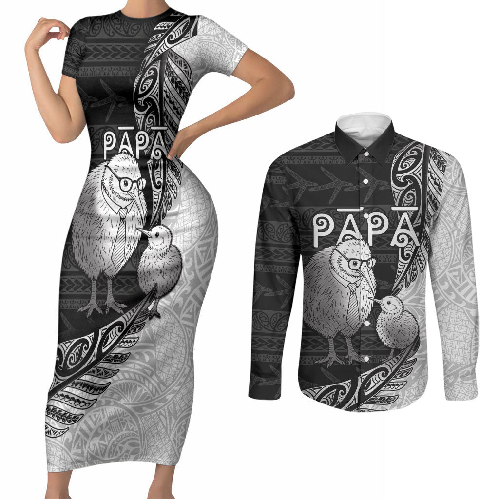 Personalised New Zealand Father's Day Couples Matching Short Sleeve Bodycon Dress and Long Sleeve Button Shirt Papa Kiwi Bird Tribal Pattern