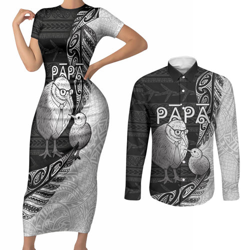 Personalised New Zealand Father's Day Couples Matching Short Sleeve Bodycon Dress and Long Sleeve Button Shirt Papa Kiwi Bird Tribal Pattern