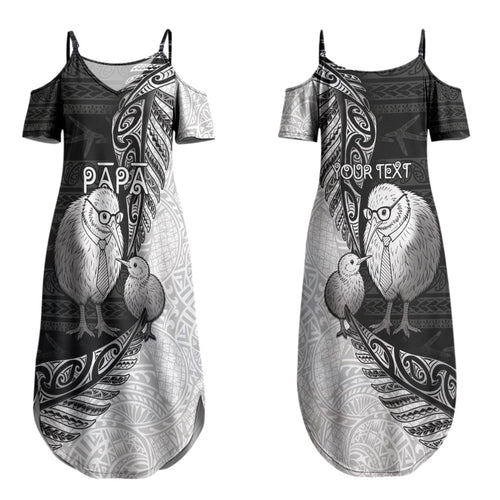 Personalised New Zealand Father's Day Couples Matching Summer Maxi Dress and Hawaiian Shirt Papa Kiwi Bird Tribal Pattern