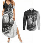 Personalised New Zealand Father's Day Couples Matching Summer Maxi Dress and Long Sleeve Button Shirt Papa Kiwi Bird Tribal Pattern