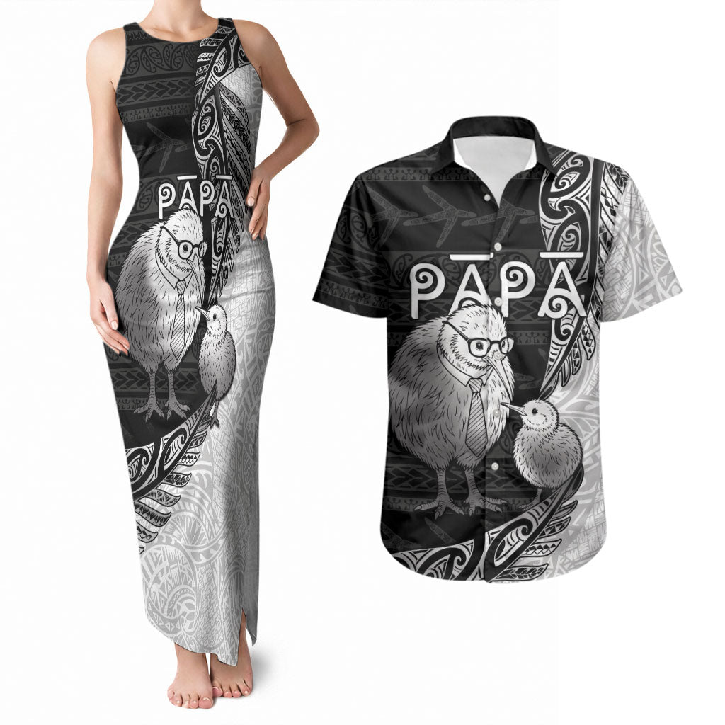 Personalised New Zealand Father's Day Couples Matching Tank Maxi Dress and Hawaiian Shirt Papa Kiwi Bird Tribal Pattern