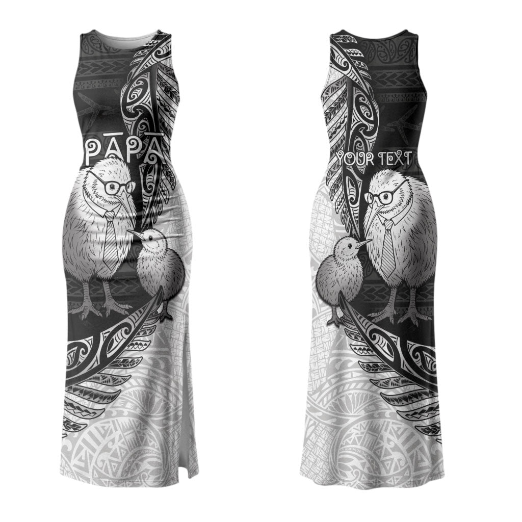 Personalised New Zealand Father's Day Couples Matching Tank Maxi Dress and Long Sleeve Button Shirt Papa Kiwi Bird Tribal Pattern