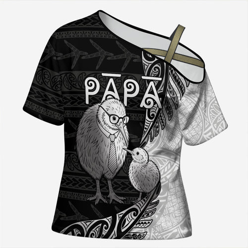 Personalised New Zealand Father's Day Cross Shoulder Shirt Papa Kiwi Bird Tribal Pattern