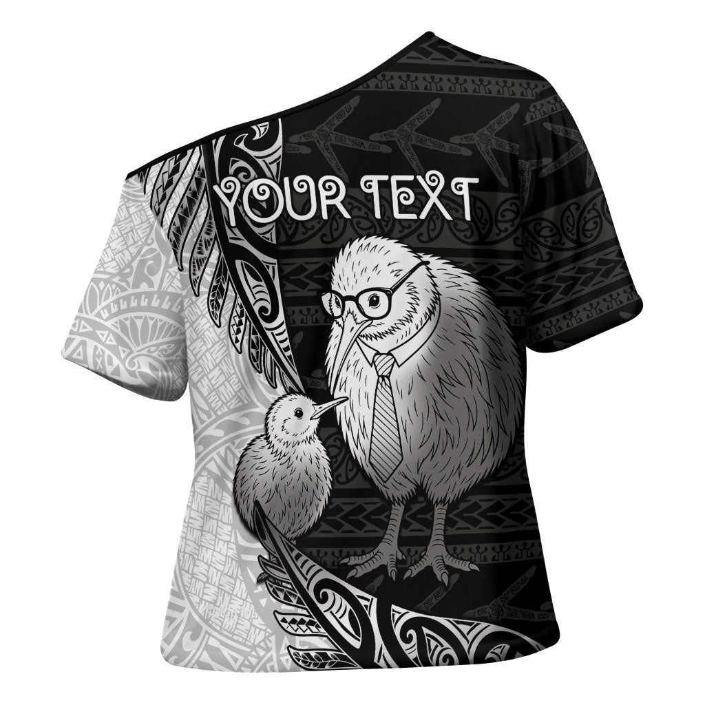 Personalised New Zealand Father's Day Cross Shoulder Shirt Papa Kiwi Bird Tribal Pattern