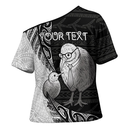 Personalised New Zealand Father's Day Cross Shoulder Shirt Papa Kiwi Bird Tribal Pattern