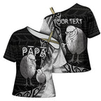 Personalised New Zealand Father's Day Cross Shoulder Shirt Papa Kiwi Bird Tribal Pattern