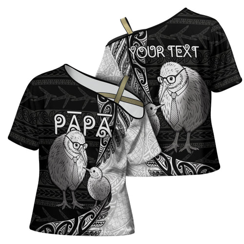 Personalised New Zealand Father's Day Cross Shoulder Shirt Papa Kiwi Bird Tribal Pattern