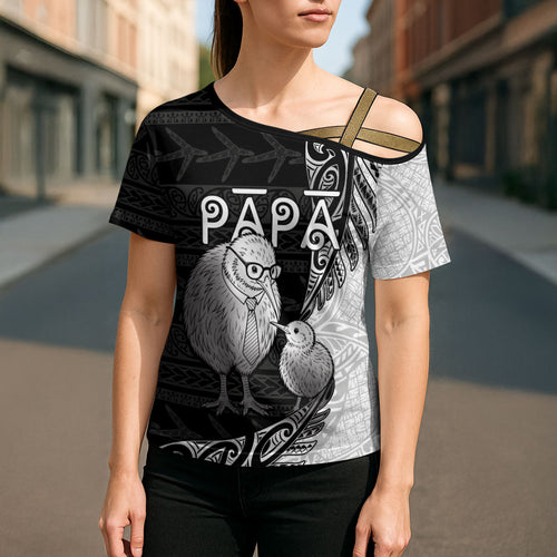 Personalised New Zealand Father's Day Cross Shoulder Shirt Papa Kiwi Bird Tribal Pattern