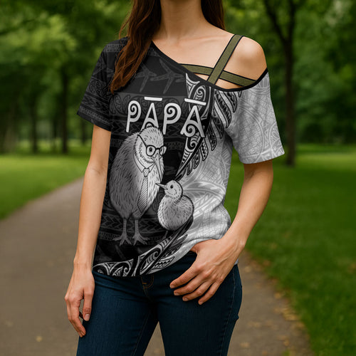Personalised New Zealand Father's Day Cross Shoulder Shirt Papa Kiwi Bird Tribal Pattern