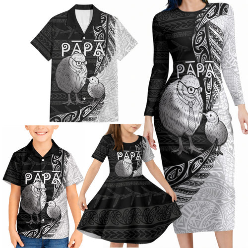 Personalised New Zealand Father's Day Family Matching Long Sleeve Bodycon Dress and Hawaiian Shirt Papa Kiwi Bird Tribal Pattern