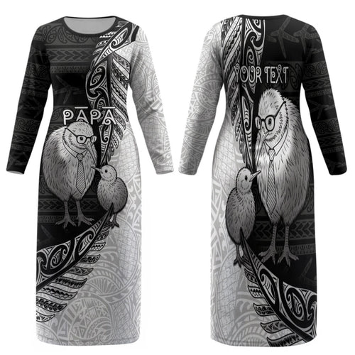 Personalised New Zealand Father's Day Family Matching Long Sleeve Bodycon Dress and Hawaiian Shirt Papa Kiwi Bird Tribal Pattern