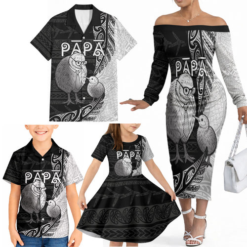Personalised New Zealand Father's Day Family Matching Off The Shoulder Long Sleeve Dress and Hawaiian Shirt Papa Kiwi Bird Tribal Pattern