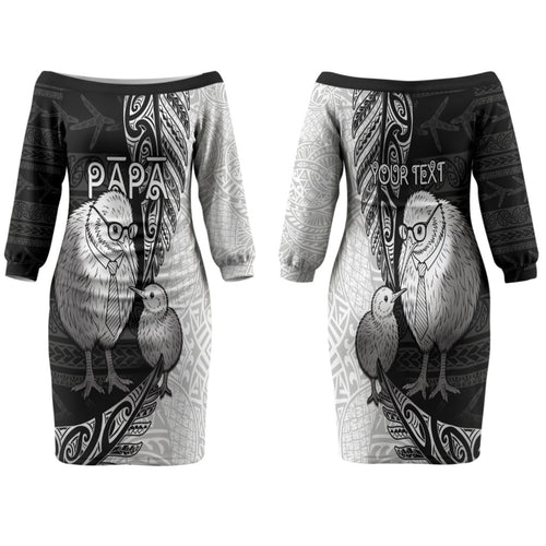 Personalised New Zealand Father's Day Family Matching Off The Shoulder Long Sleeve Dress and Hawaiian Shirt Papa Kiwi Bird Tribal Pattern