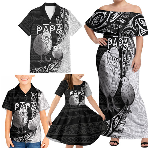 Personalised New Zealand Father's Day Family Matching Off Shoulder Maxi Dress and Hawaiian Shirt Papa Kiwi Bird Tribal Pattern