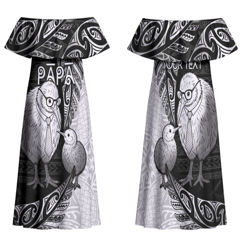 Personalised New Zealand Father's Day Family Matching Off Shoulder Maxi Dress and Hawaiian Shirt Papa Kiwi Bird Tribal Pattern