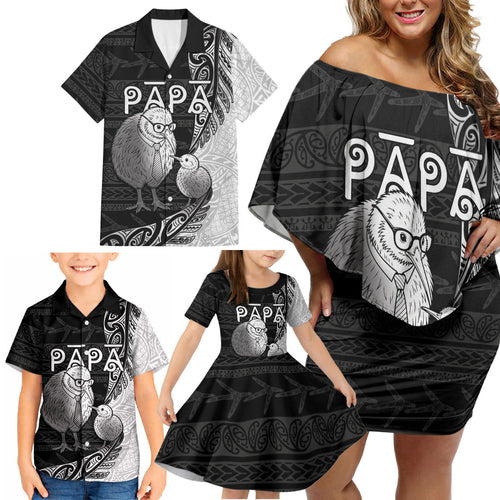 Personalised New Zealand Father's Day Family Matching Off Shoulder Short Dress and Hawaiian Shirt Papa Kiwi Bird Tribal Pattern