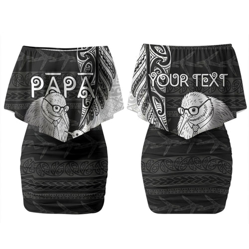 Personalised New Zealand Father's Day Family Matching Off Shoulder Short Dress and Hawaiian Shirt Papa Kiwi Bird Tribal Pattern