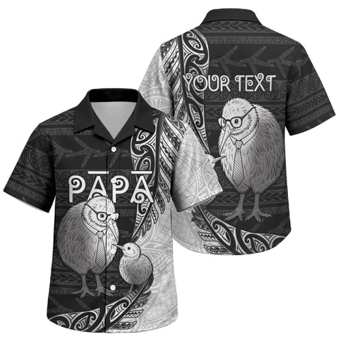 Personalised New Zealand Father's Day Family Matching Off Shoulder Short Dress and Hawaiian Shirt Papa Kiwi Bird Tribal Pattern