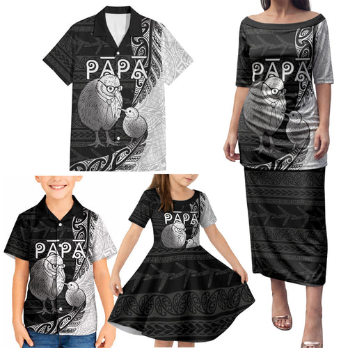 Personalised New Zealand Father's Day Family Matching Puletasi and Hawaiian Shirt Papa Kiwi Bird Tribal Pattern