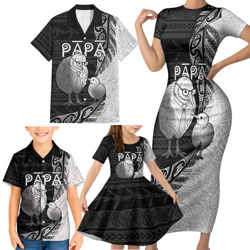 Personalised New Zealand Father's Day Family Matching Short Sleeve Bodycon Dress and Hawaiian Shirt Papa Kiwi Bird Tribal Pattern