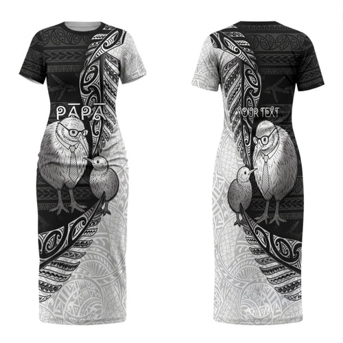 Personalised New Zealand Father's Day Family Matching Short Sleeve Bodycon Dress and Hawaiian Shirt Papa Kiwi Bird Tribal Pattern