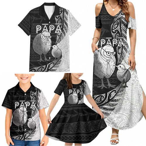 Personalised New Zealand Father's Day Family Matching Summer Maxi Dress and Hawaiian Shirt Papa Kiwi Bird Tribal Pattern