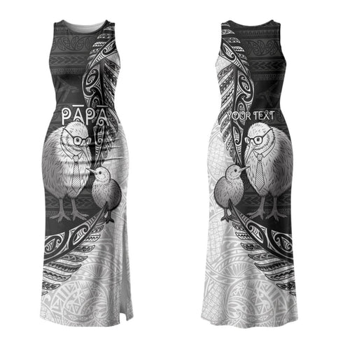 Personalised New Zealand Father's Day Family Matching Tank Maxi Dress and Hawaiian Shirt Papa Kiwi Bird Tribal Pattern