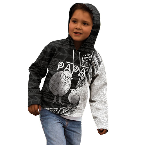 Personalised New Zealand Father's Day Kid Hoodie Papa Kiwi Bird Tribal Pattern