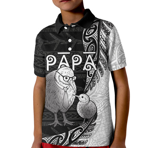 Personalised New Zealand Father's Day Kid Polo Shirt Papa Kiwi Bird Tribal Pattern