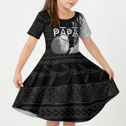 Personalised New Zealand Father's Day Kid Short Sleeve Dress Papa Kiwi Bird Tribal Pattern