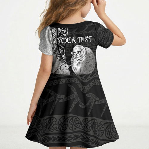 Personalised New Zealand Father's Day Kid Short Sleeve Dress Papa Kiwi Bird Tribal Pattern
