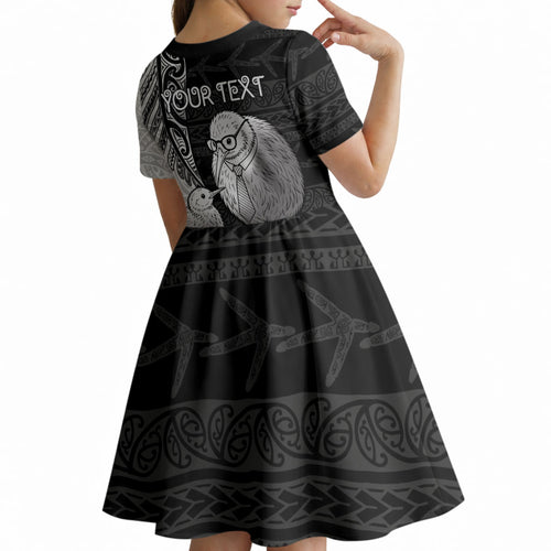 Personalised New Zealand Father's Day Kid Short Sleeve Dress Papa Kiwi Bird Tribal Pattern