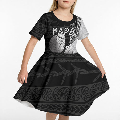 Personalised New Zealand Father's Day Kid Short Sleeve Dress Papa Kiwi Bird Tribal Pattern