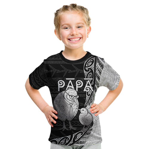 Personalised New Zealand Father's Day Kid T Shirt Papa Kiwi Bird Tribal Pattern