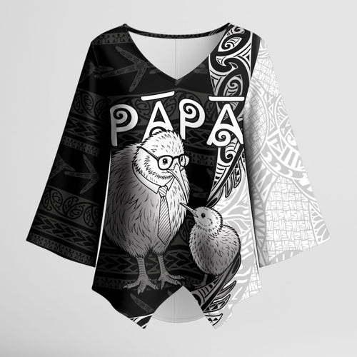 Personalised New Zealand Father's Day Kimono Sleeve Blouse Papa Kiwi Bird Tribal Pattern