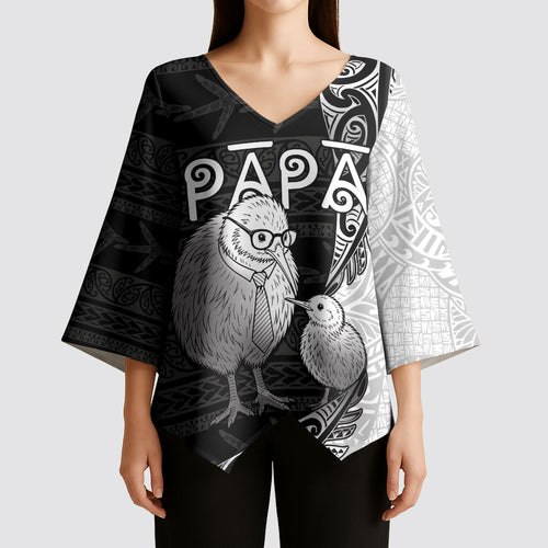 Personalised New Zealand Father's Day Kimono Sleeve Blouse Papa Kiwi Bird Tribal Pattern