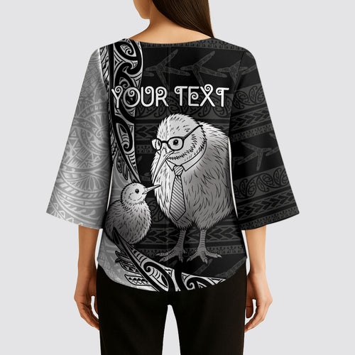 Personalised New Zealand Father's Day Kimono Sleeve Blouse Papa Kiwi Bird Tribal Pattern