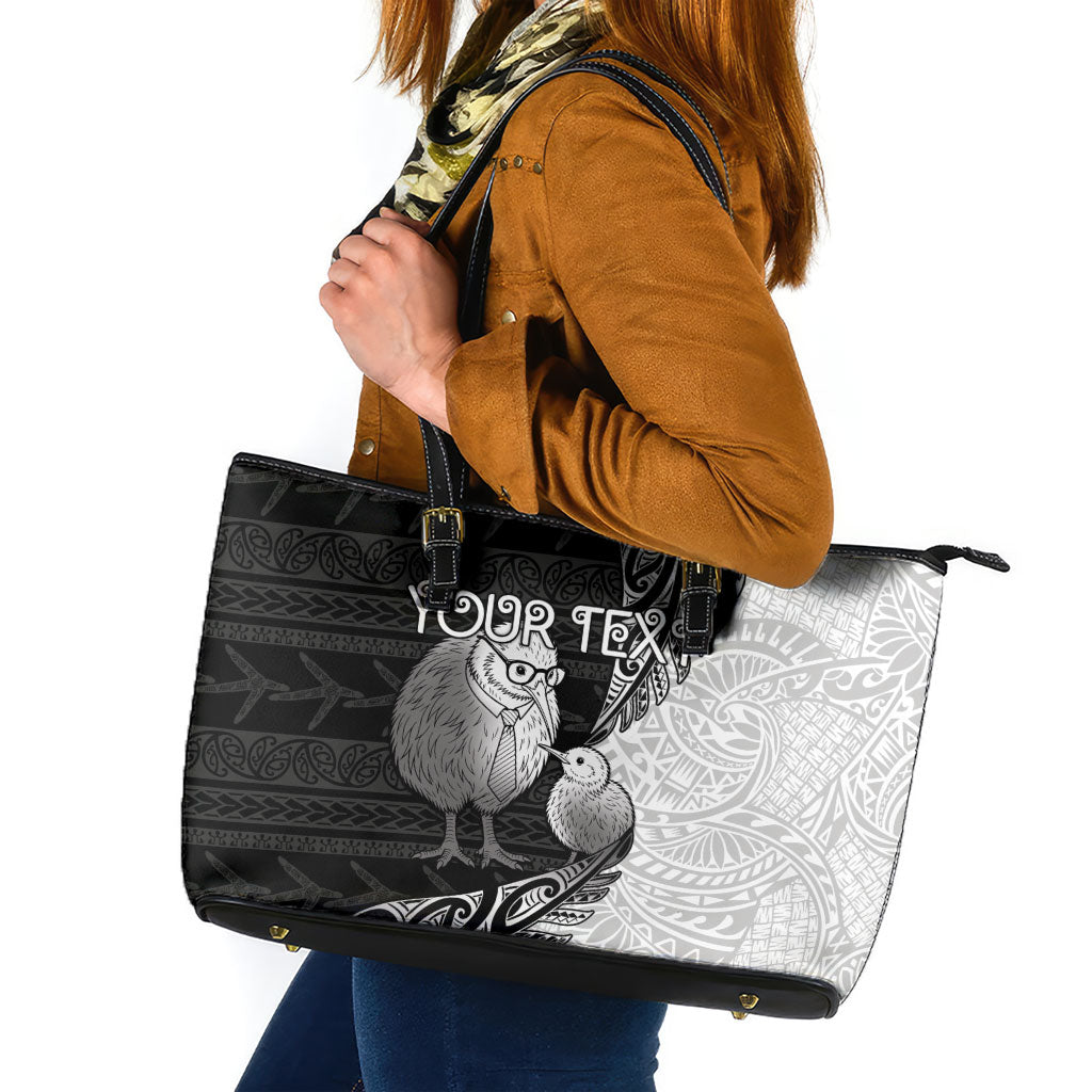 Personalised New Zealand Father's Day Leather Tote Bag Papa Kiwi Bird Tribal Pattern
