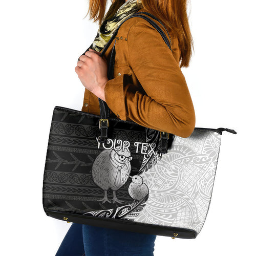 Personalised New Zealand Father's Day Leather Tote Bag Papa Kiwi Bird Tribal Pattern