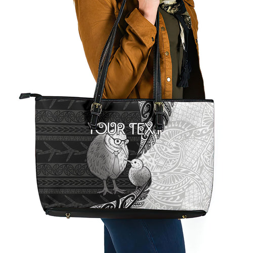 Personalised New Zealand Father's Day Leather Tote Bag Papa Kiwi Bird Tribal Pattern
