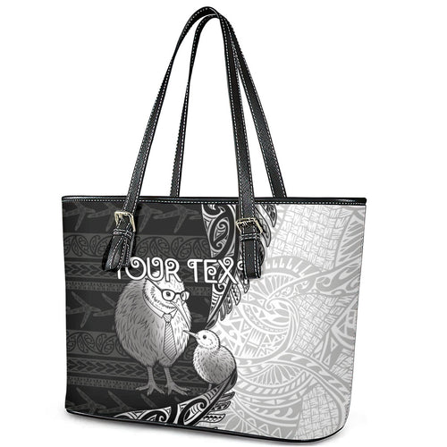 Personalised New Zealand Father's Day Leather Tote Bag Papa Kiwi Bird Tribal Pattern