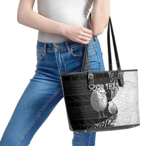 Personalised New Zealand Father's Day Leather Tote Bag Papa Kiwi Bird Tribal Pattern