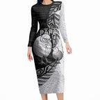Personalised New Zealand Father's Day Long Sleeve Bodycon Dress Papa Kiwi Bird Tribal Pattern