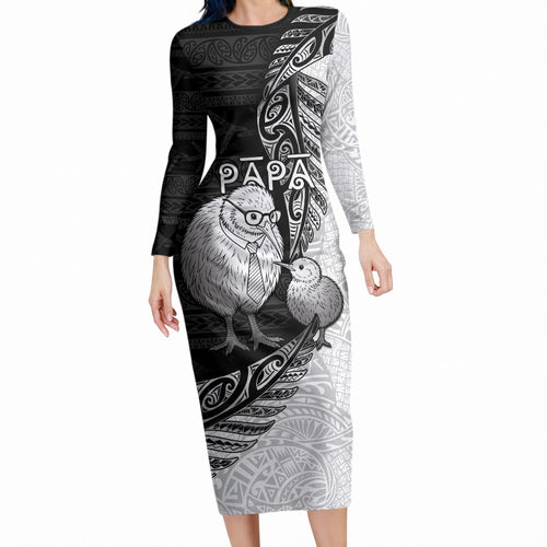 Personalised New Zealand Father's Day Long Sleeve Bodycon Dress Papa Kiwi Bird Tribal Pattern