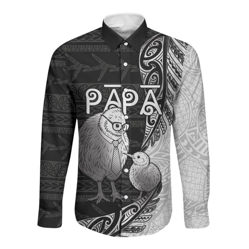 Personalised New Zealand Father's Day Long Sleeve Button Shirt Papa Kiwi Bird Tribal Pattern