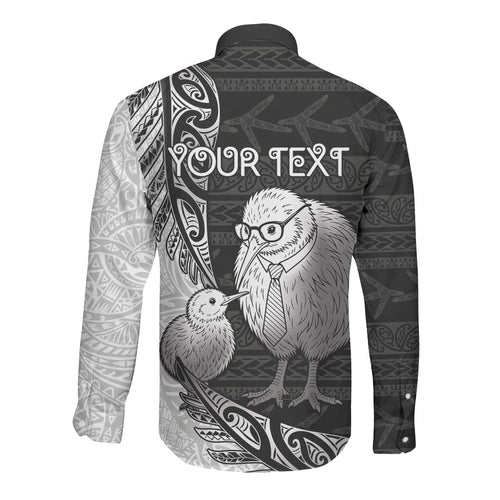 Personalised New Zealand Father's Day Long Sleeve Button Shirt Papa Kiwi Bird Tribal Pattern